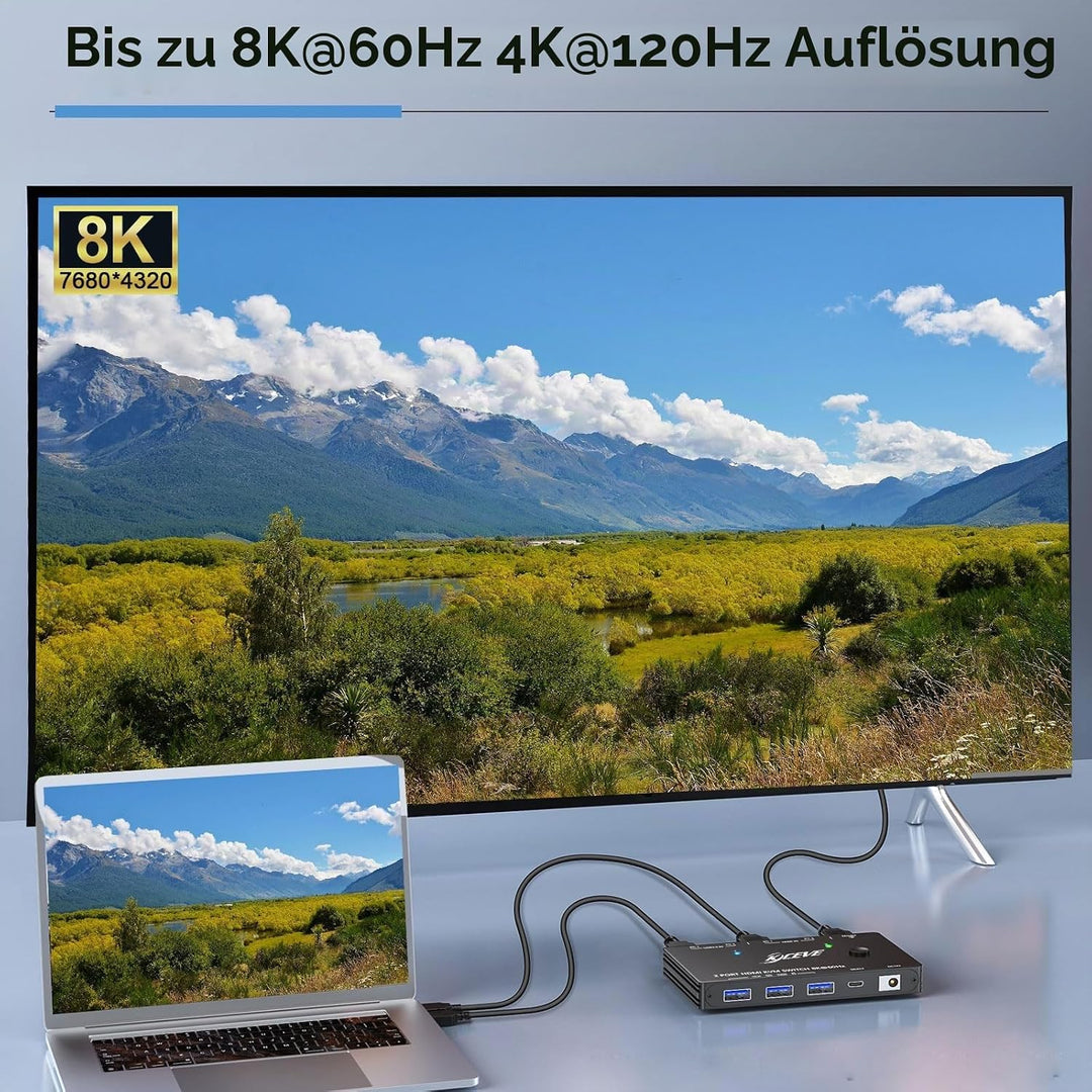 KVM Switch HDMI 8K@60Hz 4K@120Hz, KVM Switch 2 PC 1 Monitor HDMI2.1 with 3 USB3.0 Devices, HDR 10, H