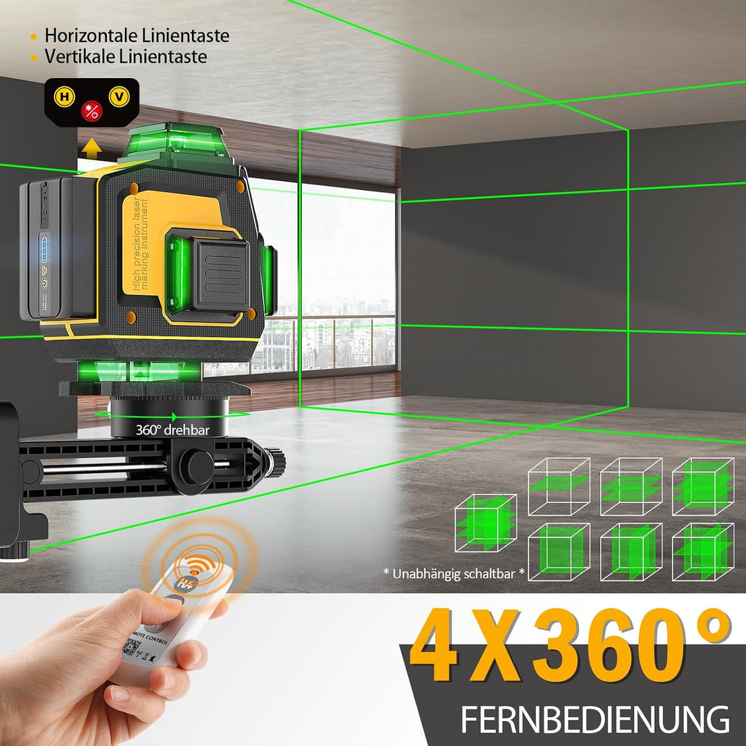 Laser Wasserwaage, SAVSEC 4x 360 Grad Selbstnivellierend Kreuzlinienlaser bis zu 37 Stunden, Fernbed