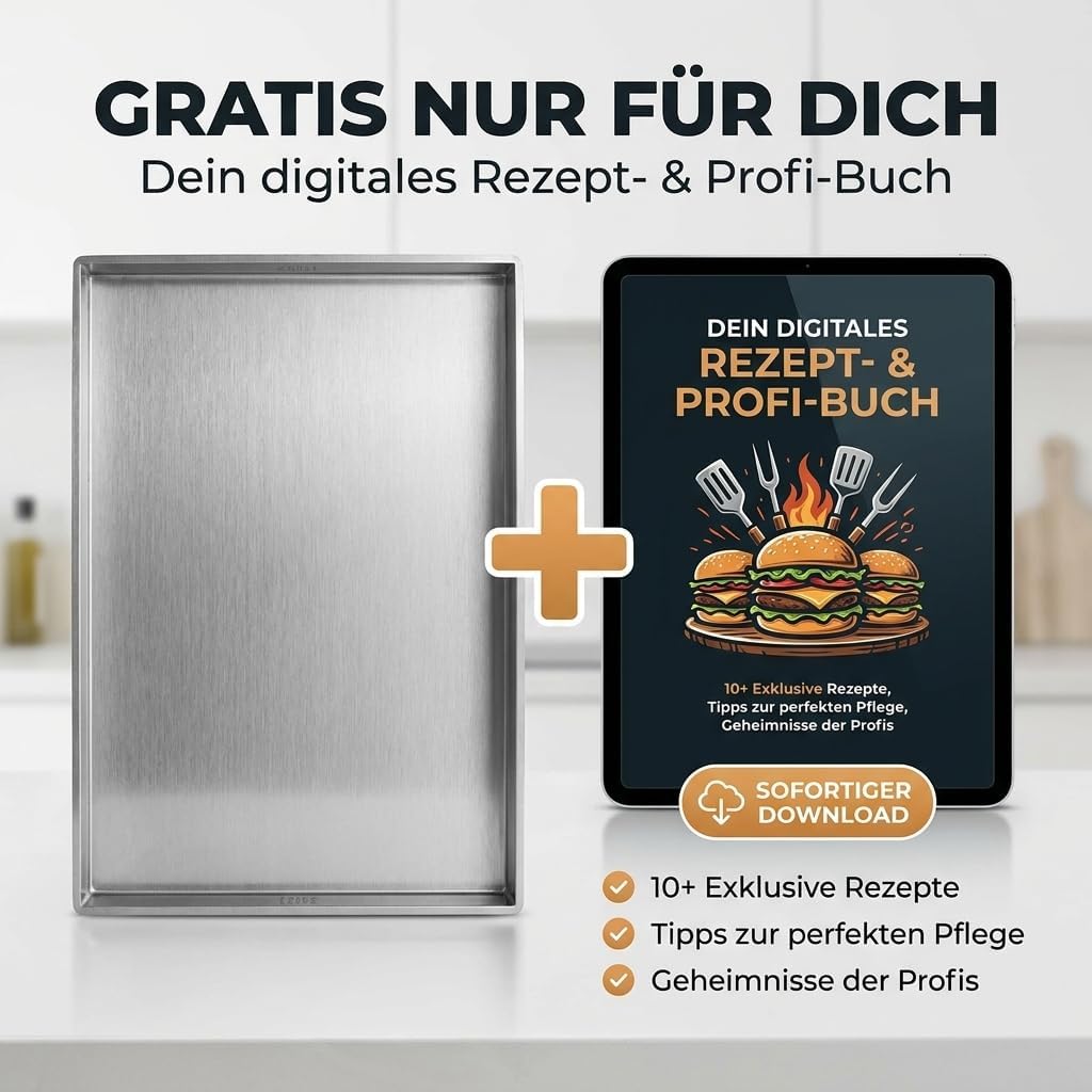 Plancha-Grillplatte-Set - 5mm Premium-Edelstahl-Grillplatte inkl. Burgerpresse, Grillspachtel, Burge