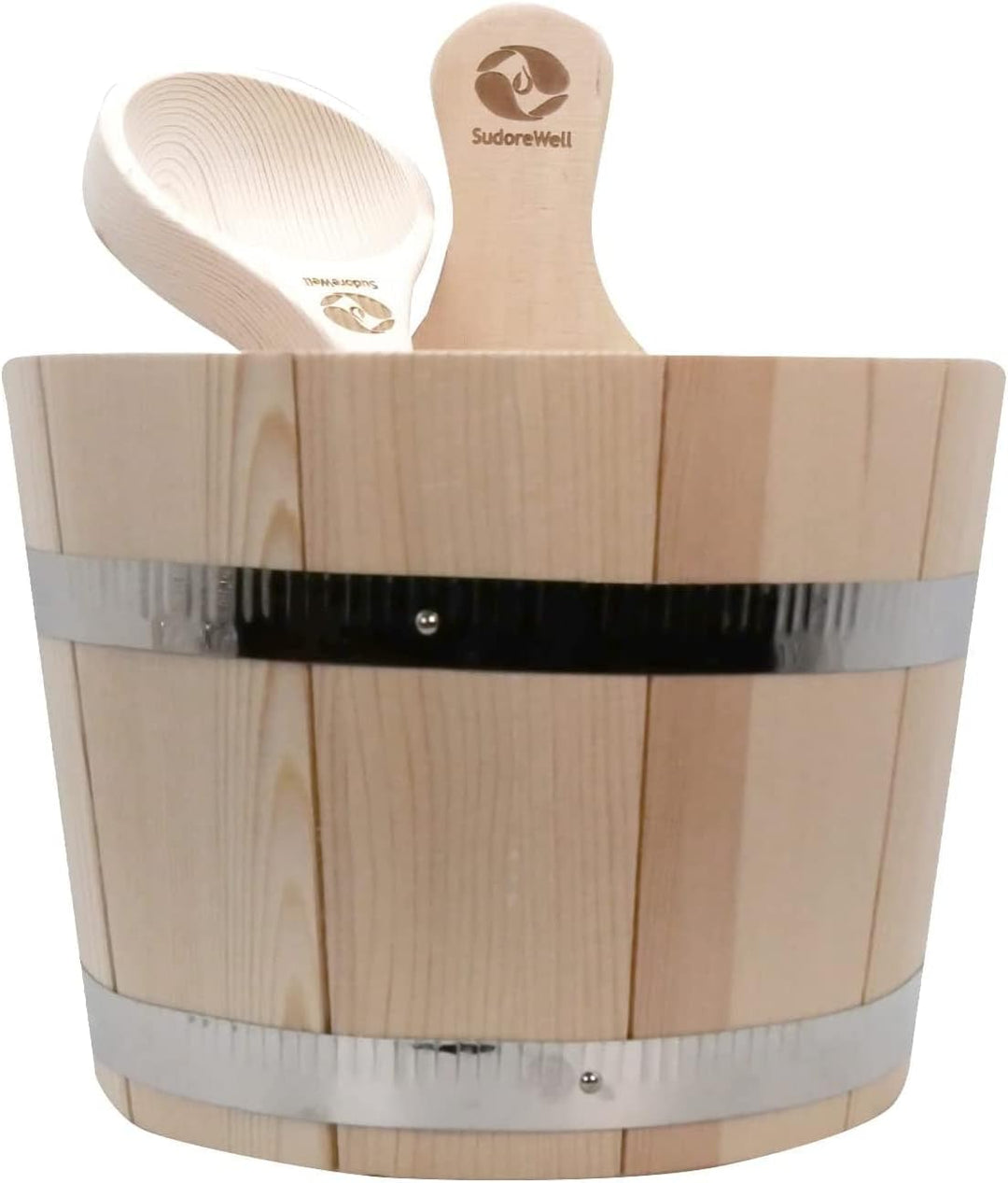 SudoreWell® Saunakübel Set 5 Liter aus Kiefernholz mit Kunststoffeinsatz und zwei Stahlbandstreifen