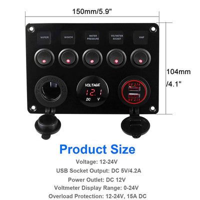 Geloo 5 Gang Schalter Panel, 12V/24V Kippschalter Panel IP65 Wasserdichte LED Voltmeter Dual USB Buc