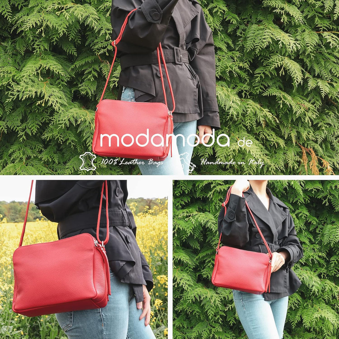modamoda de - T232 - ital. Damen Umhängetasche Leder Medium Blassbraun, Blassbraun