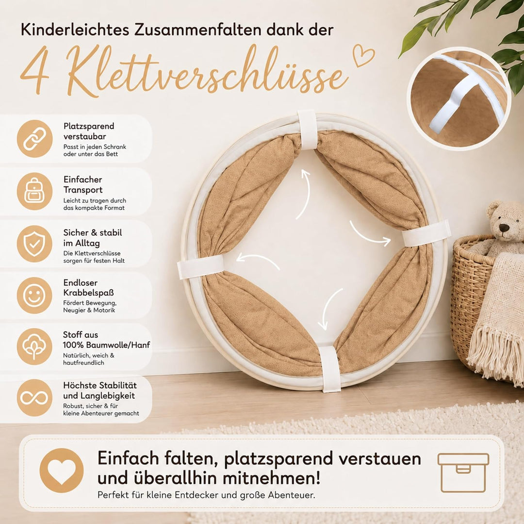 Spieltunnel für Kinder aus Baumwolle/Hanf mit Klettverschlüssen [180cm x 46cm] Krabbeltunnel für Bab