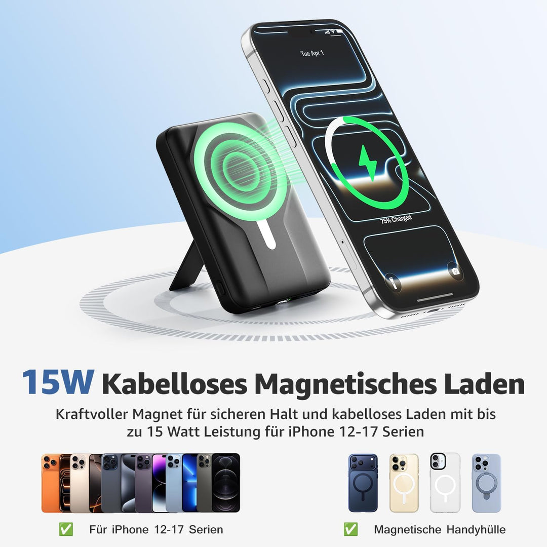 Magnetische Wireless Powerbank 10000mAh, Kompatibel mit MagSafe, Tragbare 15W Kabelloses Schnelllade