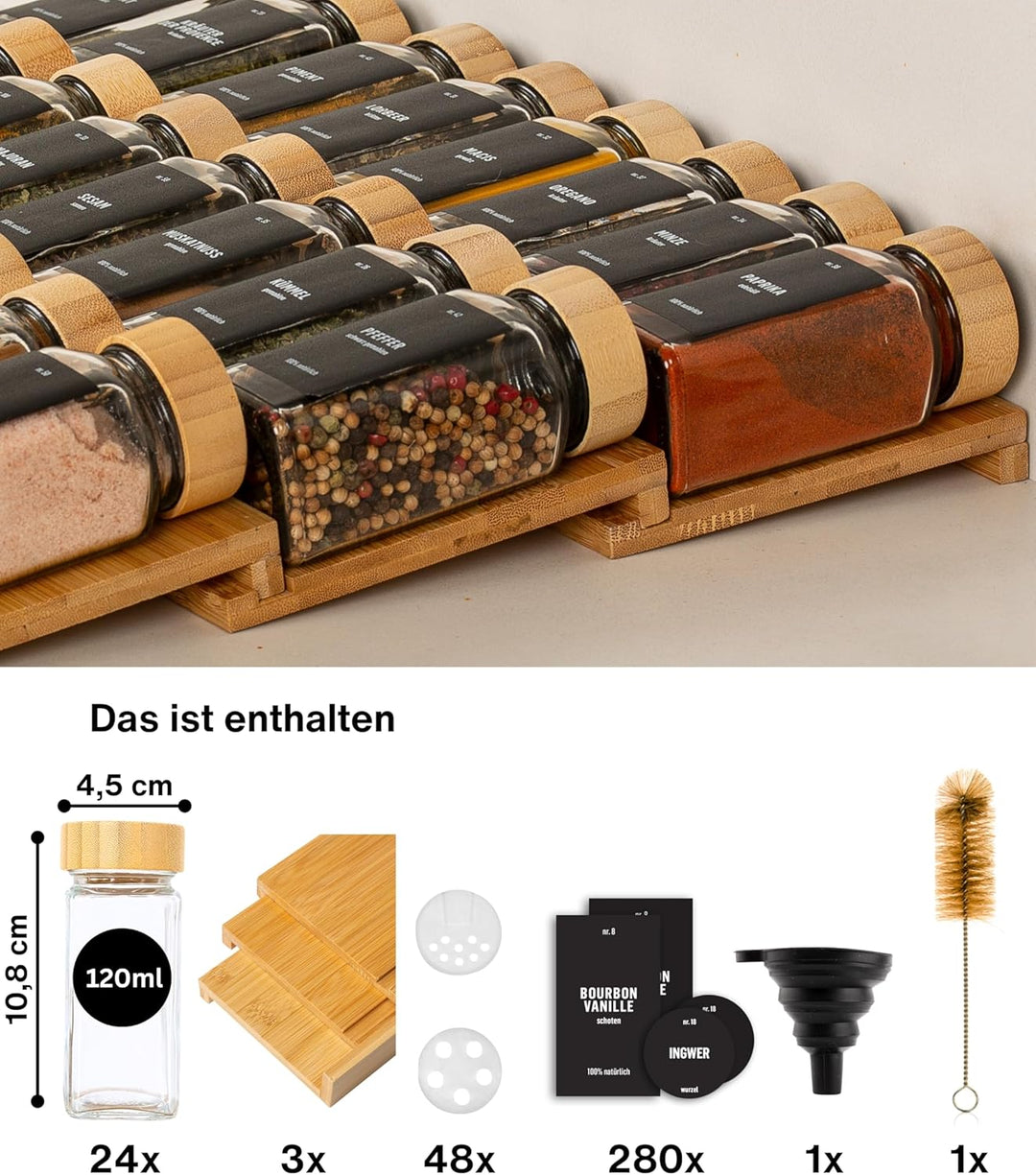 Deco haus® Gewürzregal Schublade [MIT 24 GEWÜRZGLÄSER & ETIKETTEN] - Gewürz Organizer Schublade - Ge