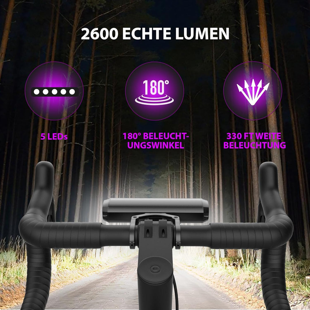UPPEL Fahrradlicht 5 LEDs 4-Lichtmodi LED USB C Ladeanschluss 2600 Lumens 8000mah Fahrradlich Vorne