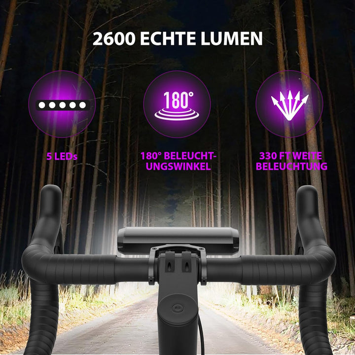 UPPEL Fahrradlicht 5 LEDs 4-Lichtmodi LED USB C Ladeanschluss 2600 Lumens 8000mah Fahrradlich Vorne