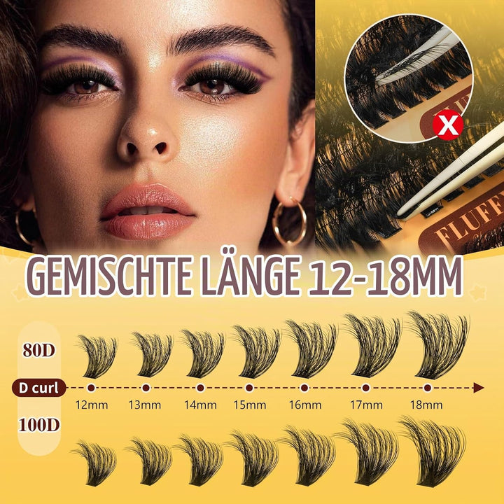 QUEWEL Wimpern-Extensions 320 Stück 80D+100D, DIY Lash-Extension-Set, Cluster-Lashes mit Wimpernkleb