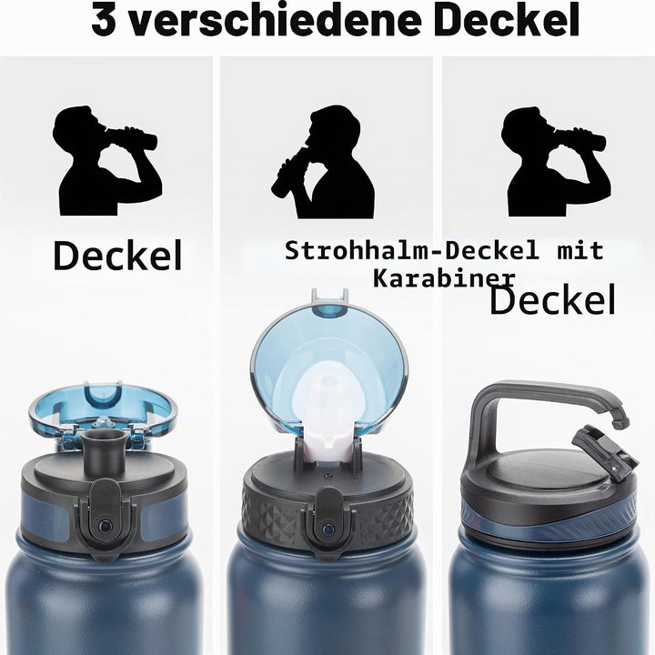 OLDLEY Edelstahl Trinkflasche mit Strohhalm 1L Isolierte flasche mit 3 Deckel Grosse Thermosflasche