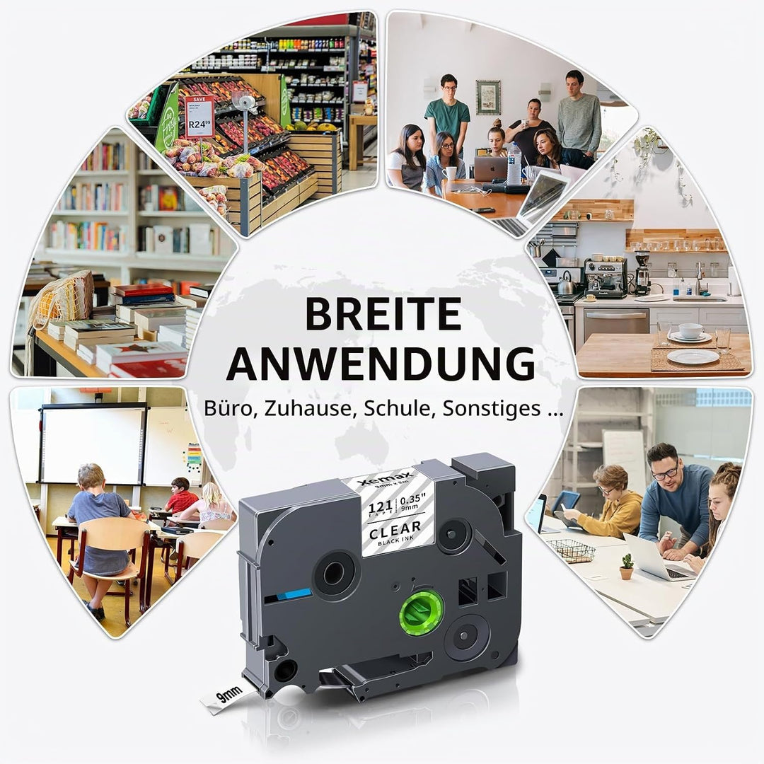 kompatibles Klebeband 6mm x 8m Ersatz für Brother PT TZE-111, TZE-121, TZE-131 Schwarz auf Transpare