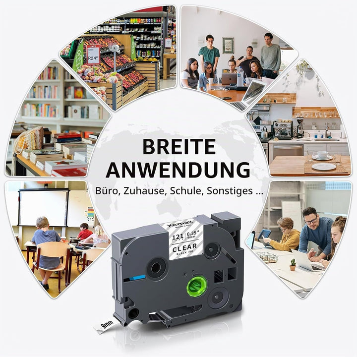 kompatibles Klebeband 6mm x 8m Ersatz für Brother PT TZE-111, TZE-121, TZE-131 Schwarz auf Transpare