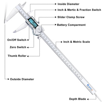 Kynup Digitaler Messschieber, 300mm Messschieber aus Edelstahl, spritzwassergeschütztes IP54-Design,