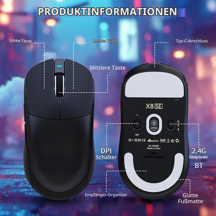 MAMBASNAKE X Attack Shark X8SE 55g ultraleichte kabellose Gaming-Maus mit Band–25000 DPI,PAW3311 Sen