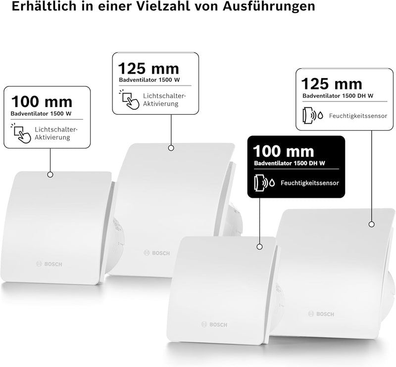 Bosch Badlüfter Fan 1500 DH 100mm Durchmesser, mit Luftfeuchtigkeitssensor und einstellbare Nachlauf