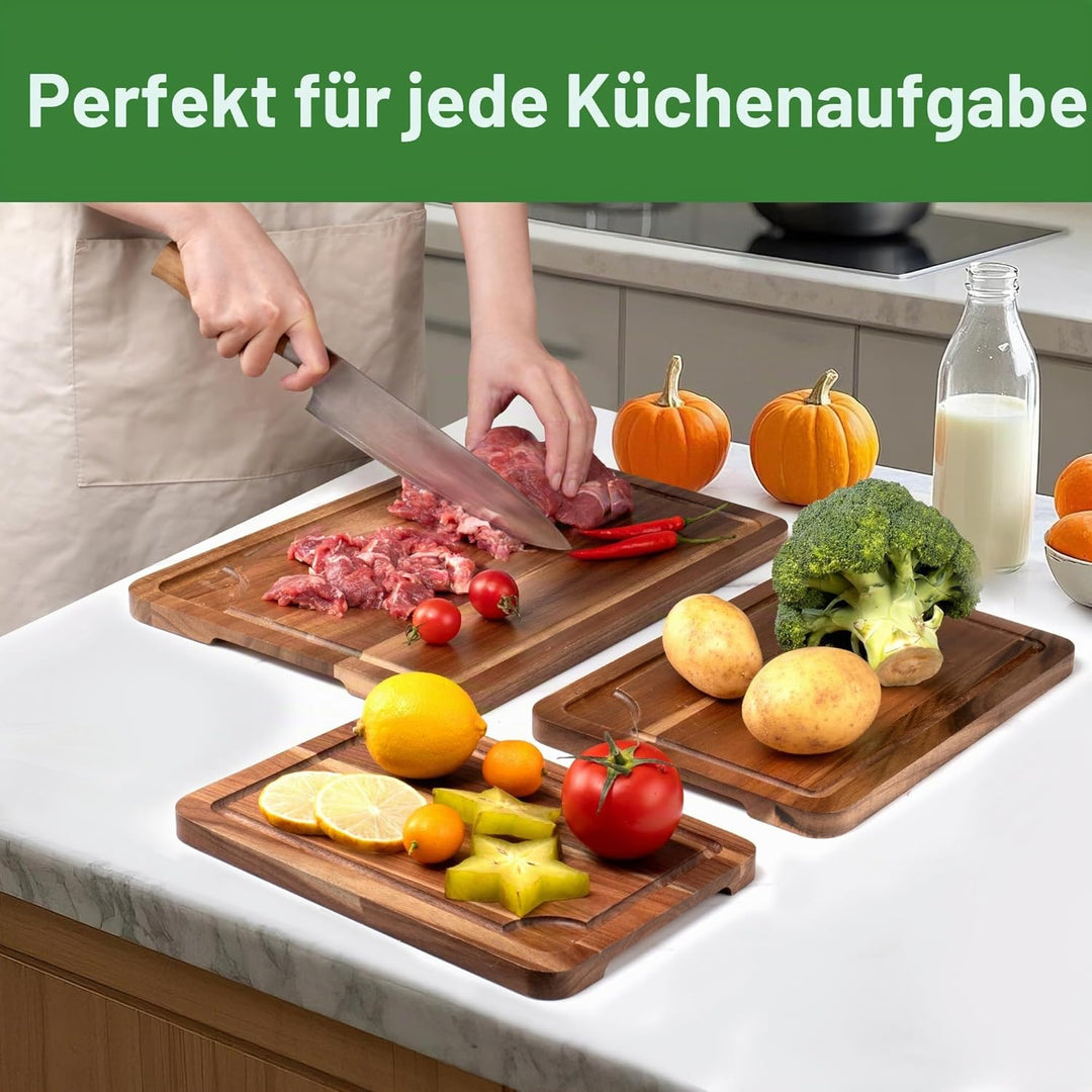 Schneidebrett aus Akazienholz, 3er-Set mit Saftrille, inklusive Freiständer und Obstmesser, doppelse