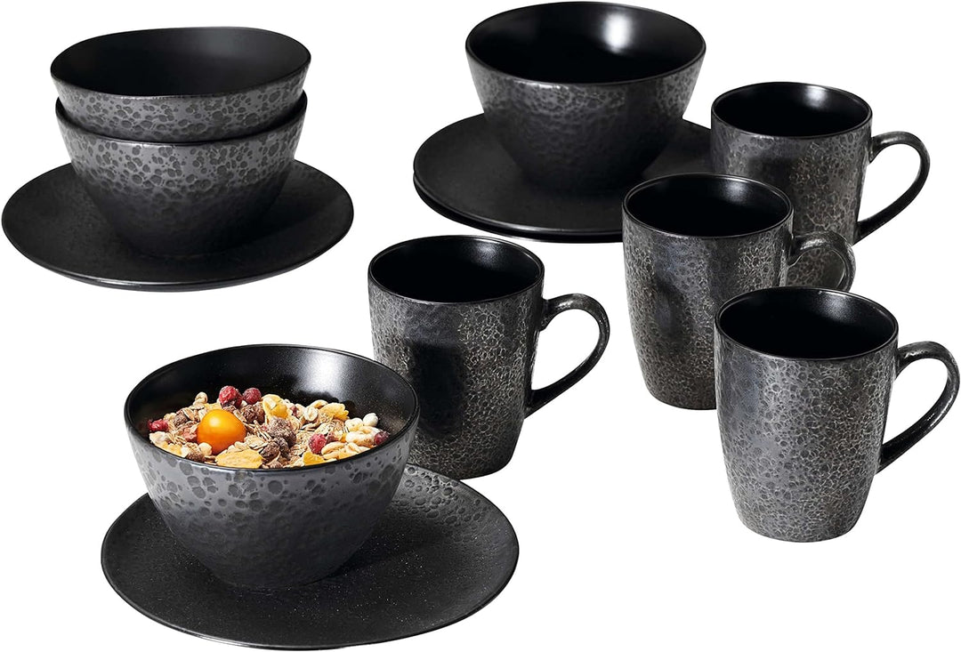 Ritzenhoff & Breker Frühstücksservice Kitwe, 12-teilig, Schwarz Schwarz Frühstücksservice, Schwarz F