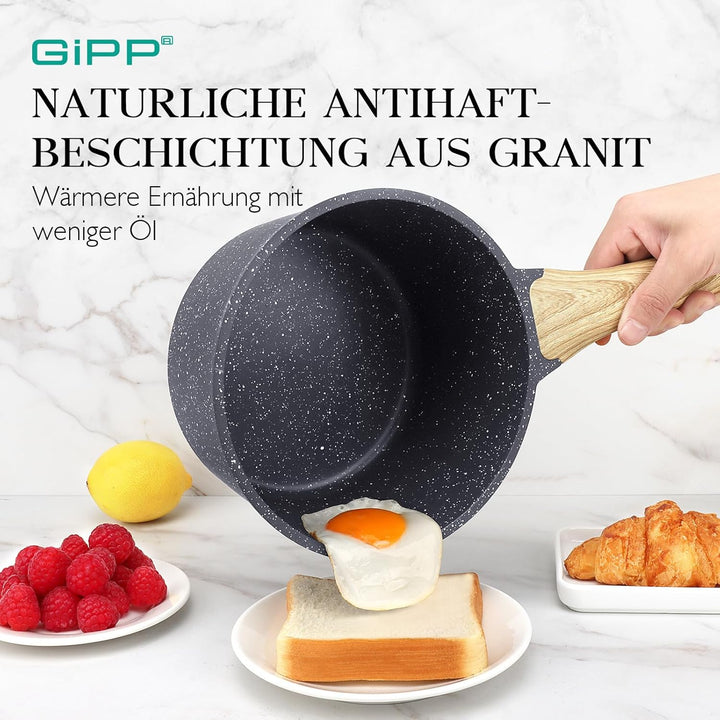 GiPP Kasserolle mit Deckel 18cm Kleiner, Topf Induktion Stielkasserolle, Granit-Antihaftbeschichtete