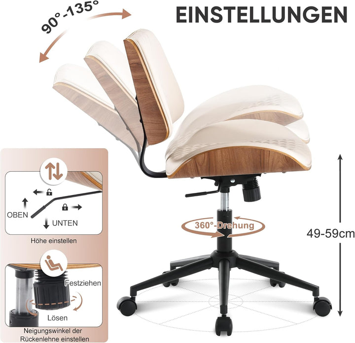 Bürostuhl ohne Armlehne Schreibtischstuhl Leder Holz Modern Homeoffice Chair Wippfunktion bis 136 kg