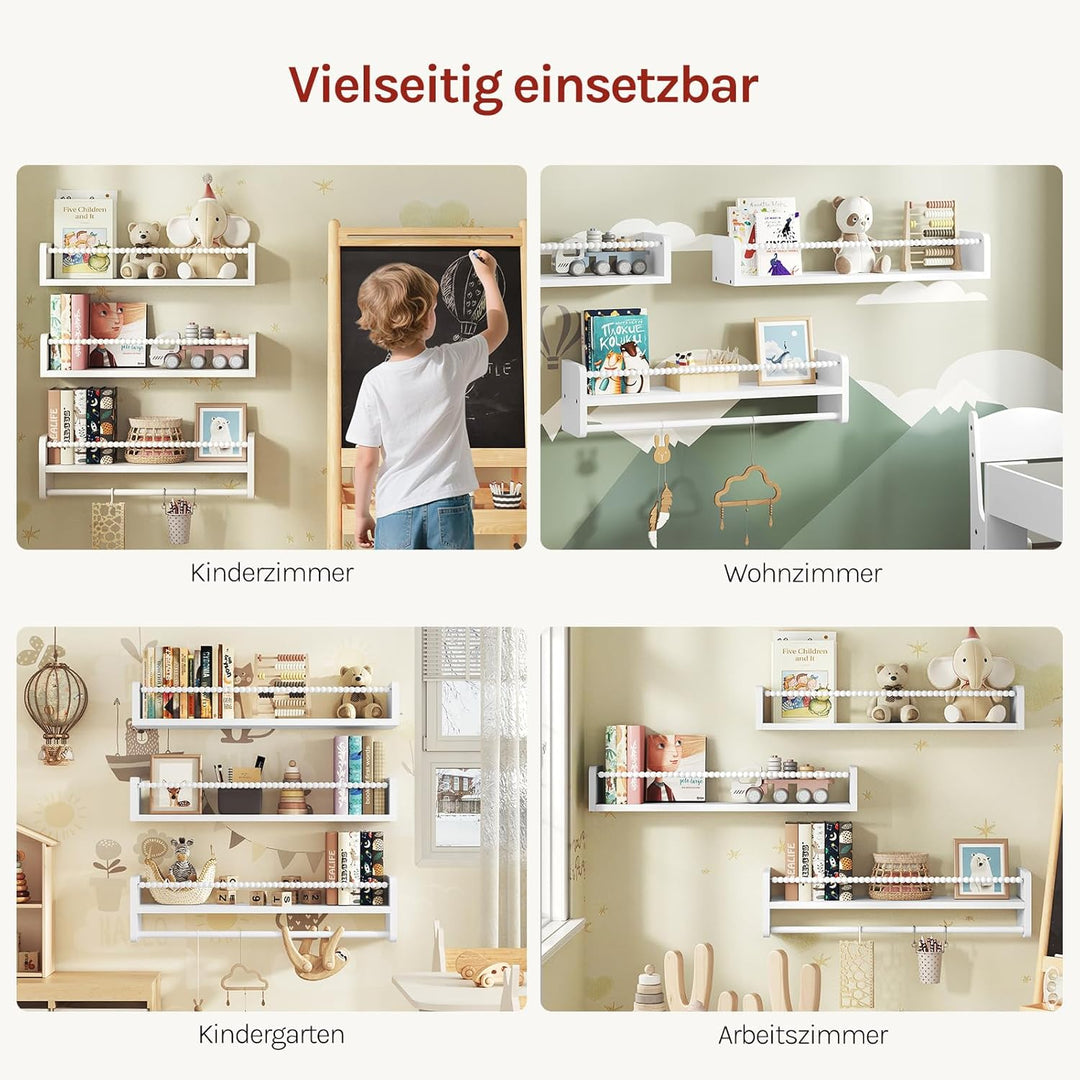 WOLTU 3er Set Kinder Bücherregal Wand, 60cm Wandregal Kinderzimmer, aus Massivholz, Hängeregal Schwe
