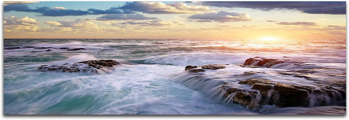 Augenblicke Wandbilder Leinwandbild als Panorama in 150x50cm Meer Felsen Wellen Sonnenstrahlen