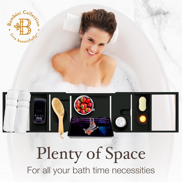 Premium Badewannen-Tablett aus Bambus – erweiterbares Badezimmer-Tablett aus Holz – verstellbares Ba