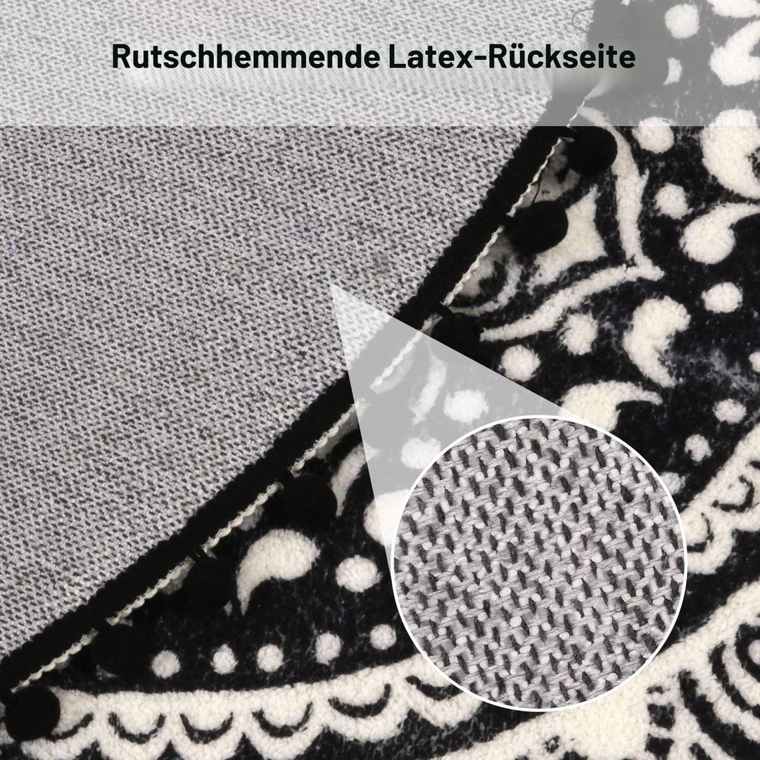 Uphome Kleiner runder Teppich, 5,8 cm, schwarz, Mandala, Boho, Badezimmerteppiche mit Pompons, Frans