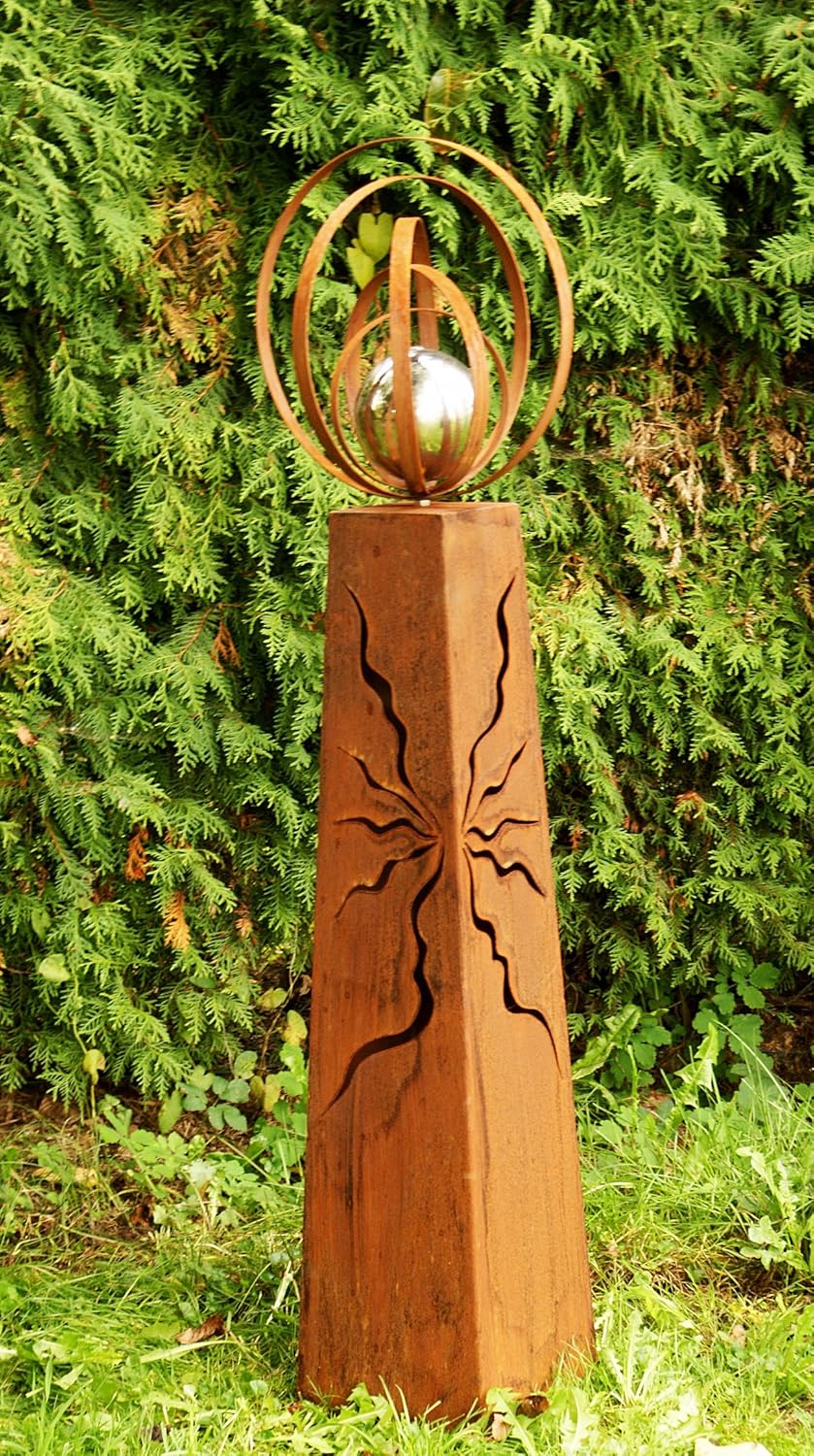 Gartendeko Metall, Rost, konische Rostsäule, 100 cm mit Edelstahlkugel und Rostbänder in Kugelform,