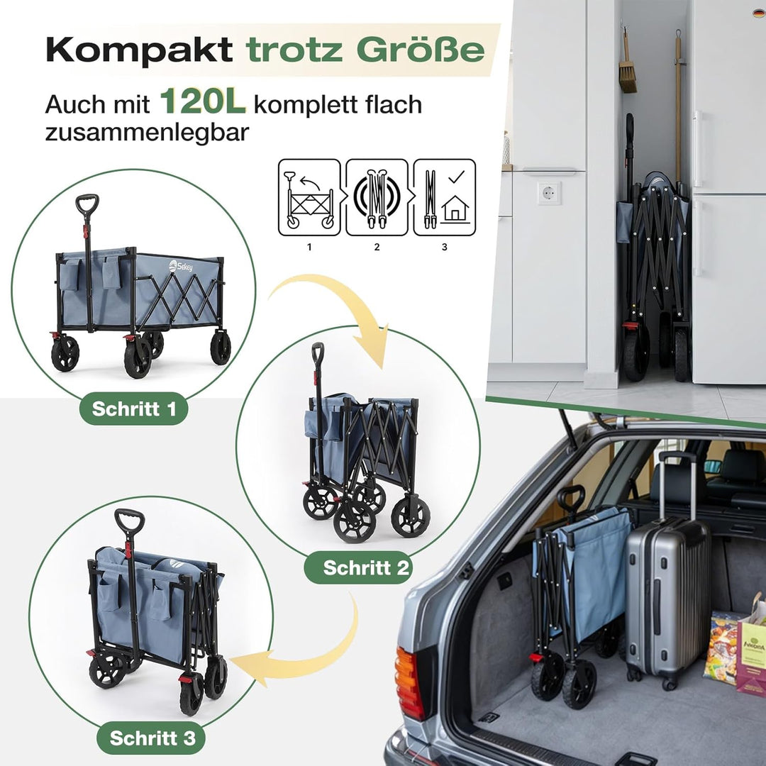 Sekey Bollerwagen Faltbar 120L 100KG Belastbar, Transportwagen klappbar Geländetauglich mit Bremse,