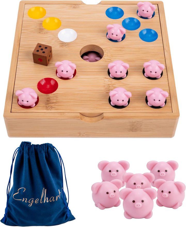 Engelhart Schweinchen Spiel Würfelspiel mit grossen 2 cm Silikon-Schweinchen – Ferkelspiel in Holzbo