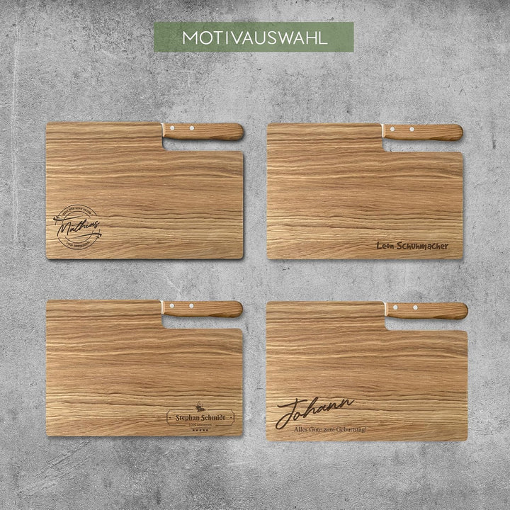 Personalisiertes Premium Frühstücksbrettchen mit Buckelsmesser, Wunsch-Name und Text graviert – Gesc