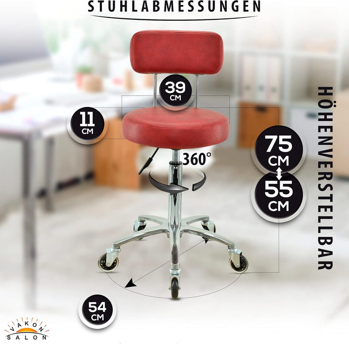Premium Rollhocker mit Lehne in Rot - Höhenverstellbar von 55 bis 75 cm - Rundsitz - Drehhocker Arbe