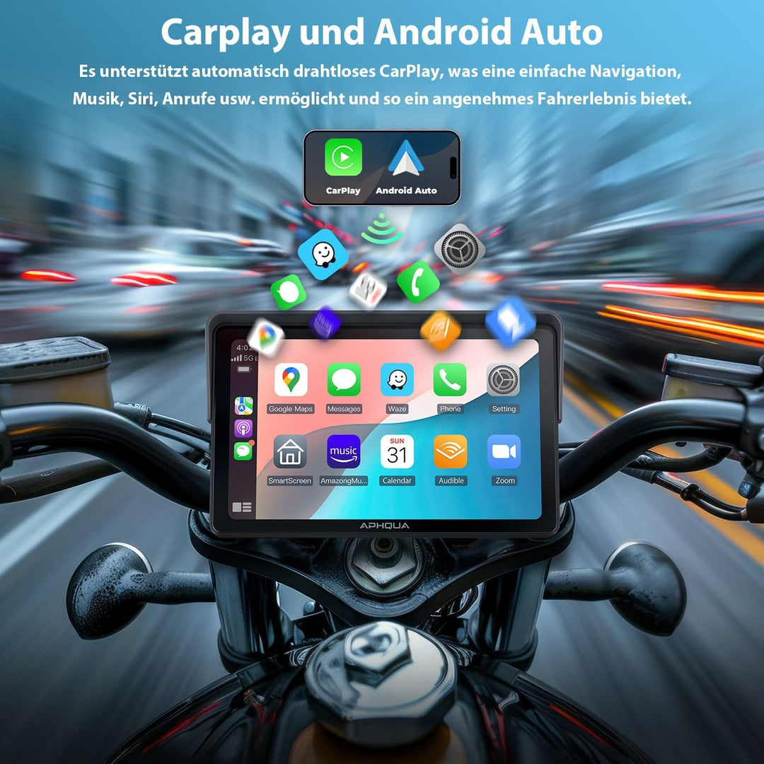 Kabelloses Carplay-Display für Motorrad, 7 Zoll wasserdichter Touchscreen, Tragbares CarPlay und And
