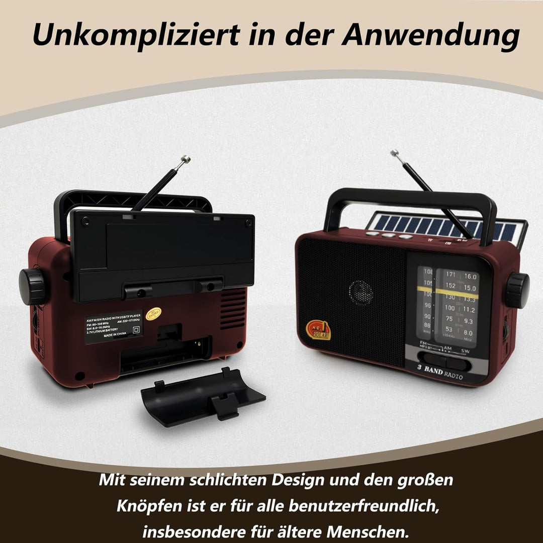 Bluetooth Radio Klein mit Solarzelle und 1200mAh-Batterie, AM/FM/SW Empfänger mit 8W Lautsprecher/TW