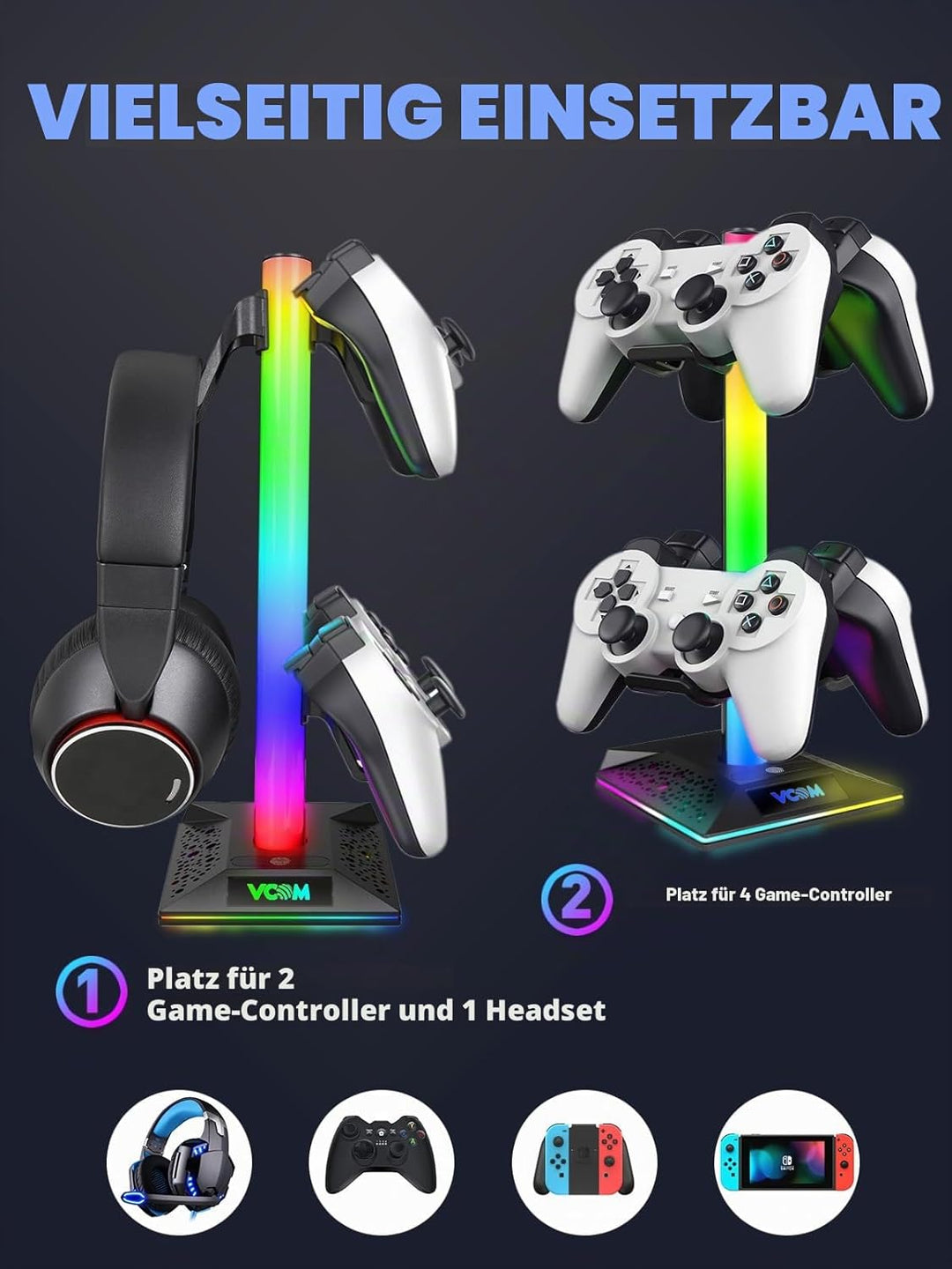 VCOM RGB Gaming Kopfhörer Ständer mit 10-Licht Modi, Controller Halter mit 2 USB Ports, PC Gaming Zu