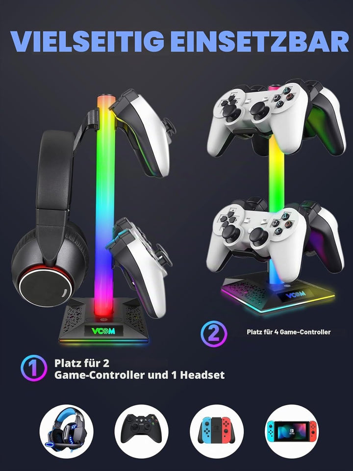 VCOM RGB Gaming Kopfhörer Ständer mit 10-Licht Modi, Controller Halter mit 2 USB Ports, PC Gaming Zu