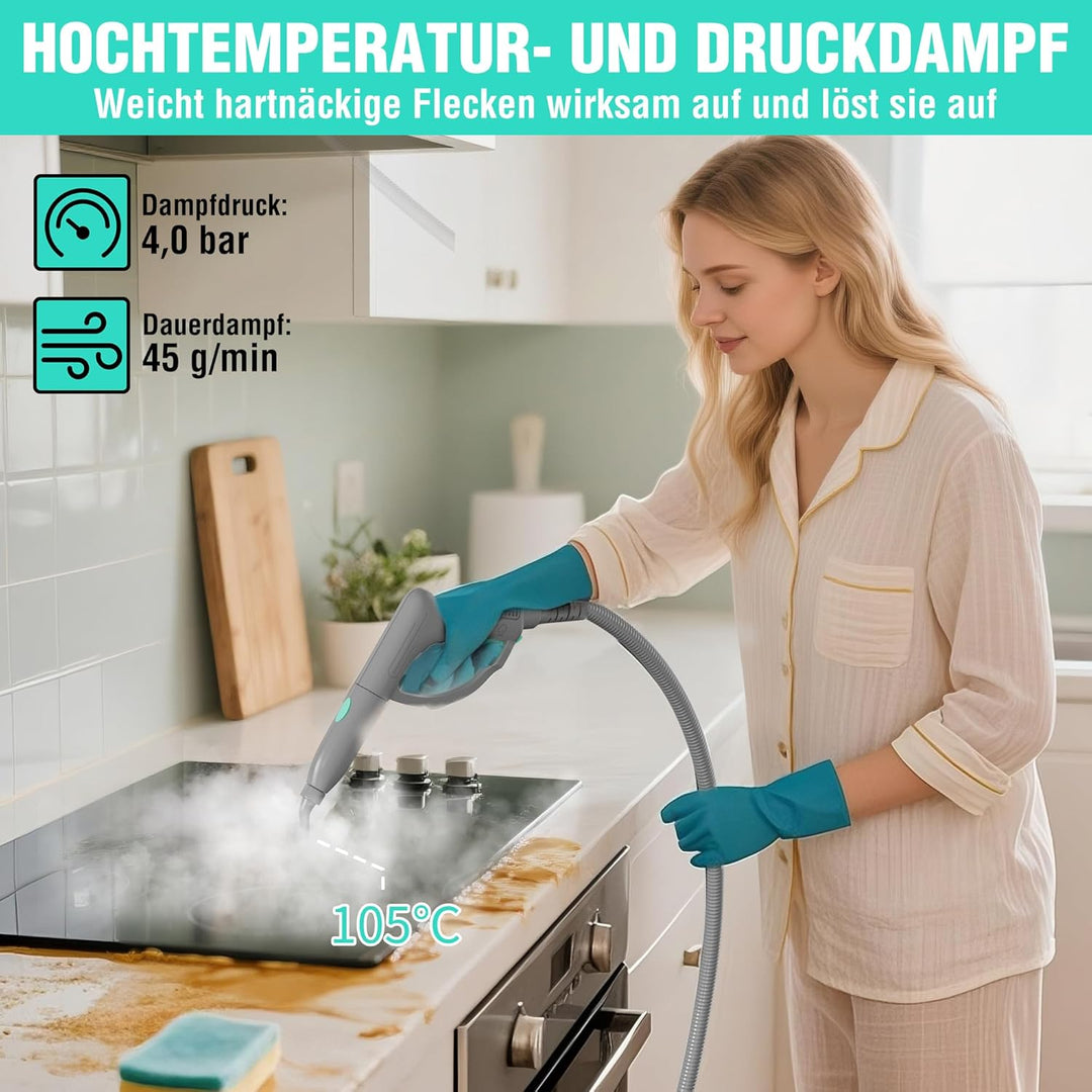 HAUSHOF Dampfreiniger 1800W, mit 1,5L Tank, max. 4,0 bar Dampfdruck, Aufheizzeit 8 Min, Dampfzeit bi