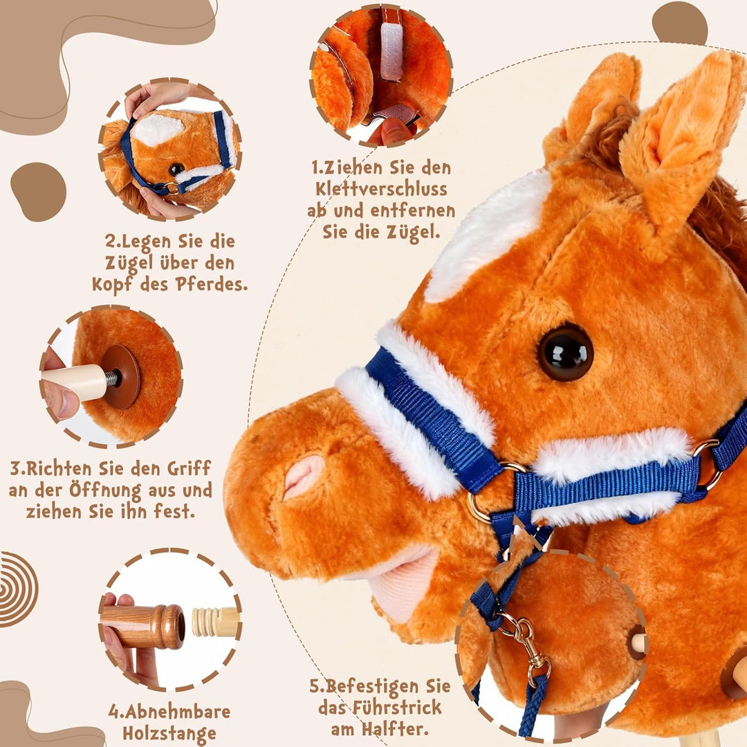 IEEILULU Hobby Horse, Steckenpferd Kinder Rosa, Holzpferd für Draussen mit Hobby Horse Trense, Räder
