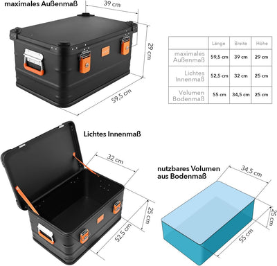 ALUBOX Alukiste abschliessbar E47B - Premium Aluminium Lagerbox 47 Liter - Deckel mit Aluminium Druc