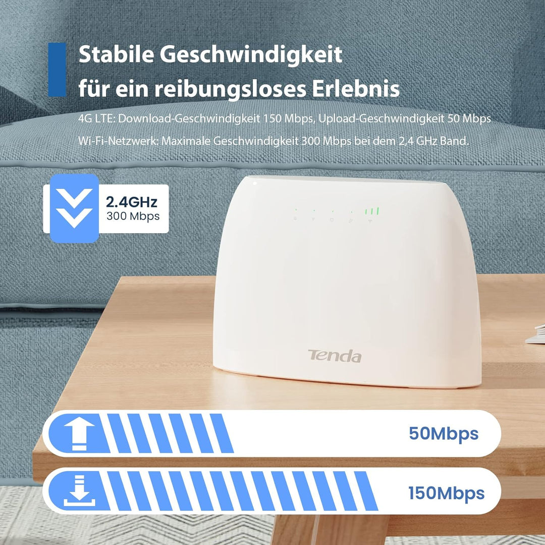Tenda 4G03 4G LTE Router, WLAN Router für SIM-Karten (CAT4, 150Mbit/s im Download, 300Mbit/s 2,4GHz)