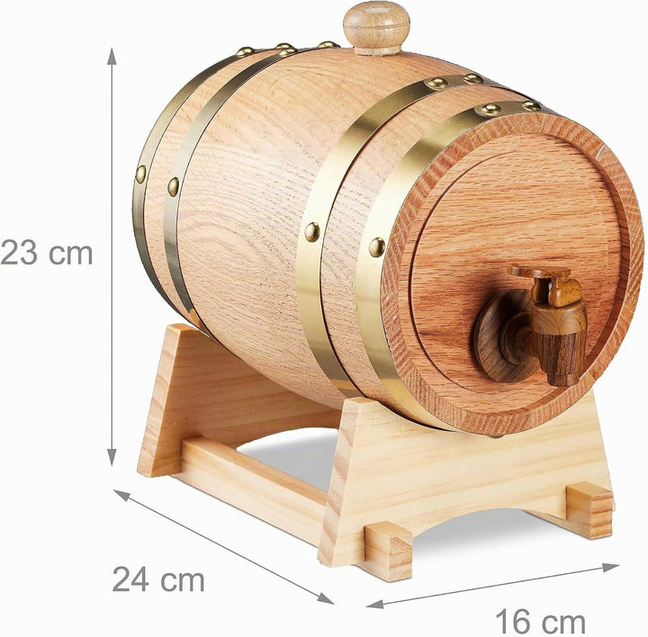 Relaxdays Schnapsfass, 1,25 l, Eichenholz, Holzfass mit Bock &amp; Zapfhahn, Whisky, Wein, Spirituosen,