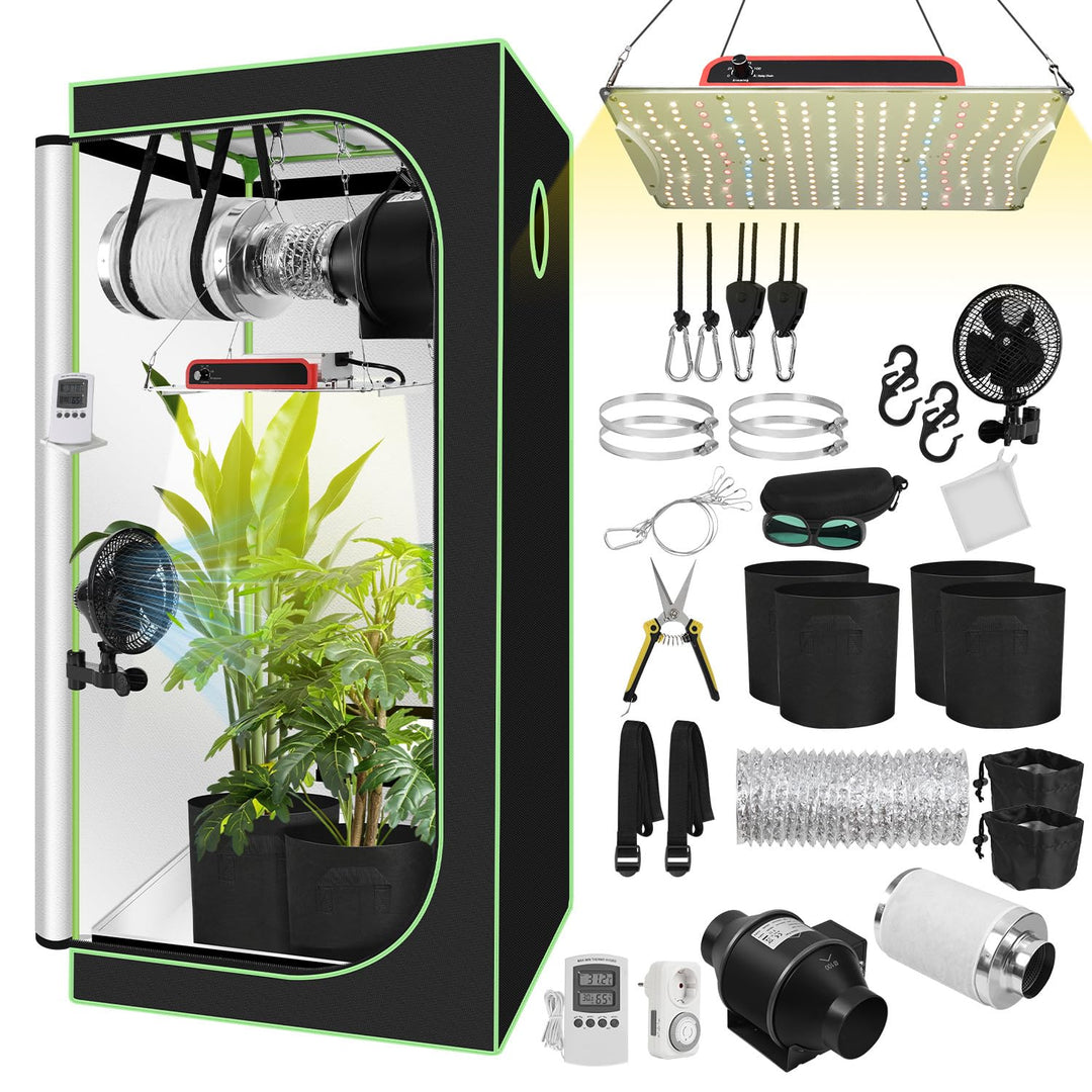 Growzelt Komplettset 80x80x160cm mit Dimmbarer LED Grow Lampe, Pflanzenzelt, Inkl. 4" Aktivkohlefilt