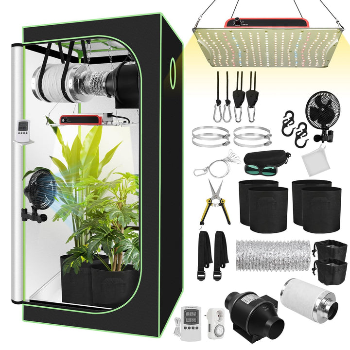 Growzelt Komplettset 80x80x160cm mit Dimmbarer LED Grow Lampe, Pflanzenzelt, Inkl. 4" Aktivkohlefilt