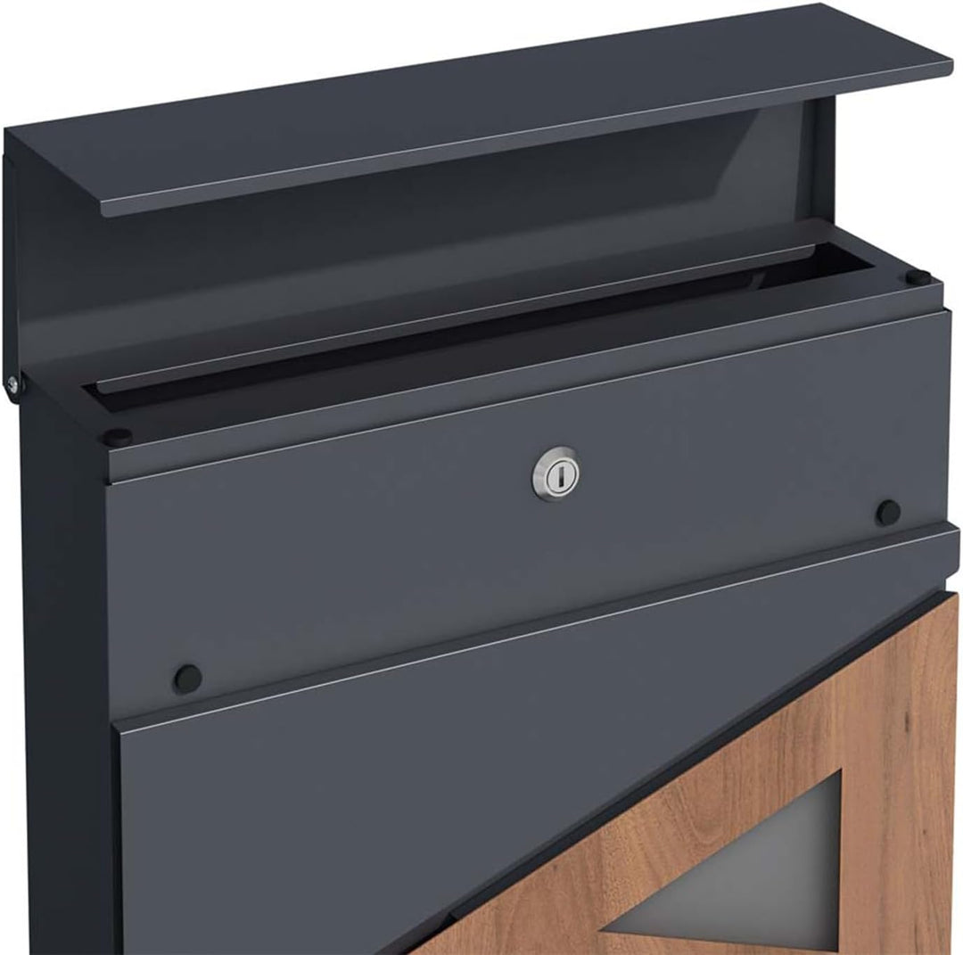 SCHARTEC Briefkasten SPB-8 anthrazit mit Holz Design und Zeitungsfach modern & gross Wandbriefkasten