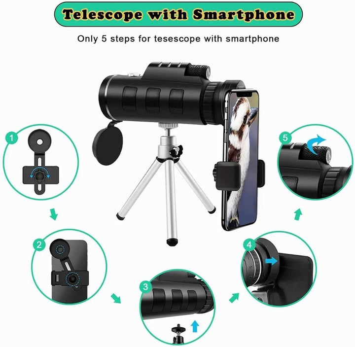 Leistungsstarkes 40 X 60 Monokular-Teleskop, Wasserdicht, HD-, mit Telefonclip und Teleskopstativ fü
