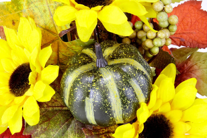 Gesteck aus Sonnenblumen mit Kürbis im Apfel-Topf Kunstblumen Arrangement Künstlich Deko Tischdeko H