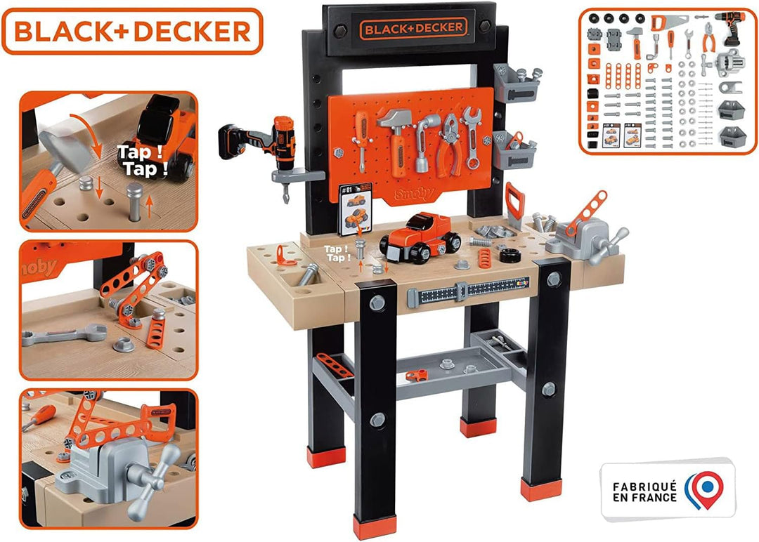 Smoby - Black+Decker Werkbank Center - 92-teilig, mit mechanischem Akkuschrauber, Autobausatz, Werkz