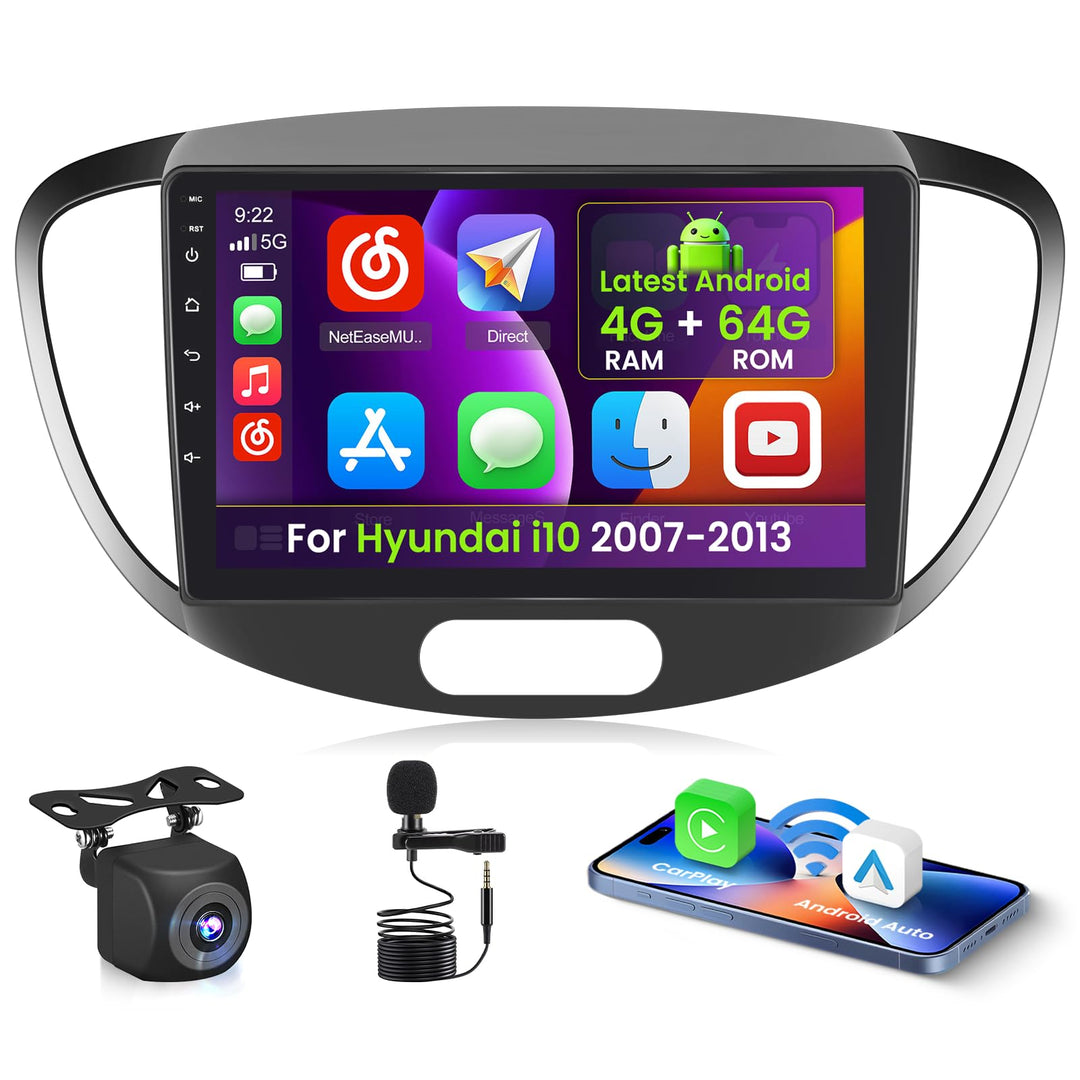 Inefala 4+64G Android 15 Autoradio für Hyundai i10 2007-2013 mit Wireless CarPlay Android Auto, 9 Zo