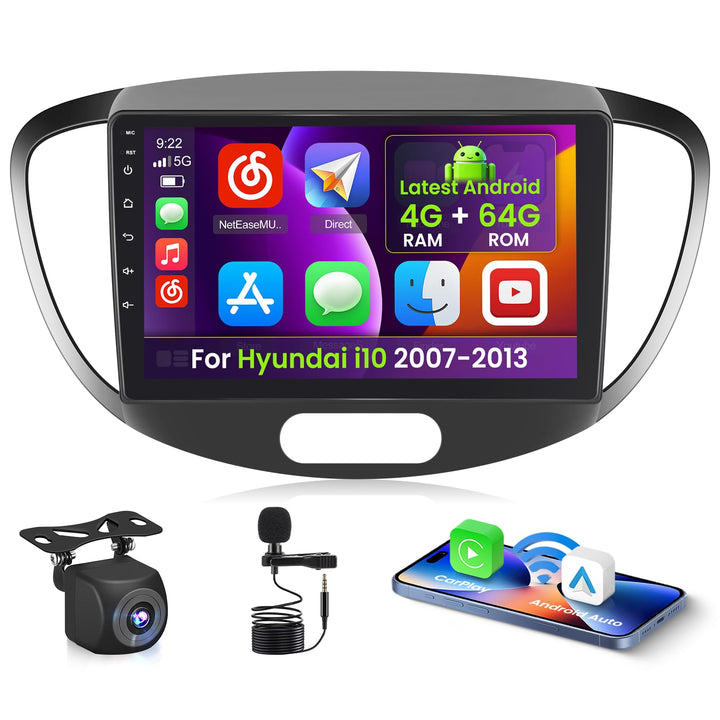 Inefala 4+64G Android 15 Autoradio für Hyundai i10 2007-2013 mit Wireless CarPlay Android Auto, 9 Zo