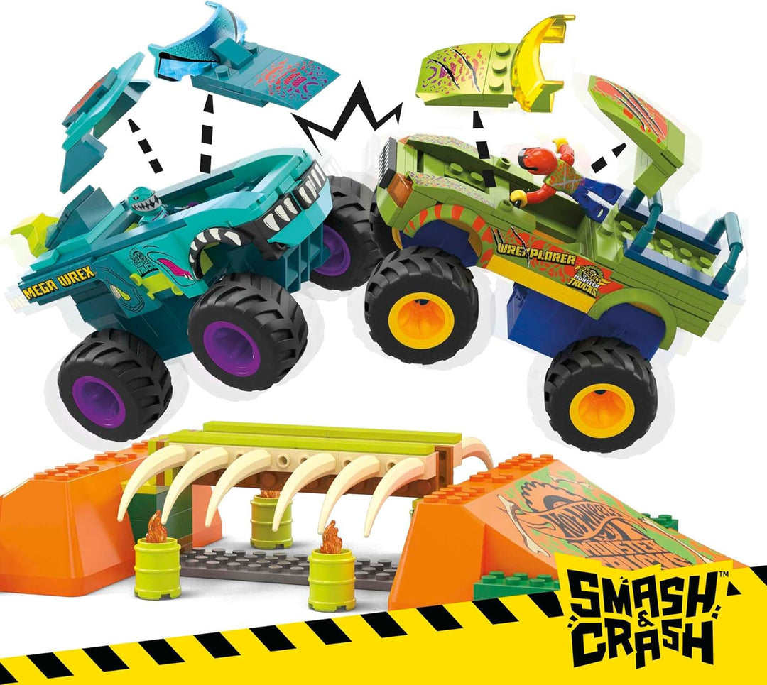 MEGA Hot Wheels Monster Trucks Bauspielzeug, Smash &amp; Crash Mega-Wrex Boneyard Stuntparcours mit 332