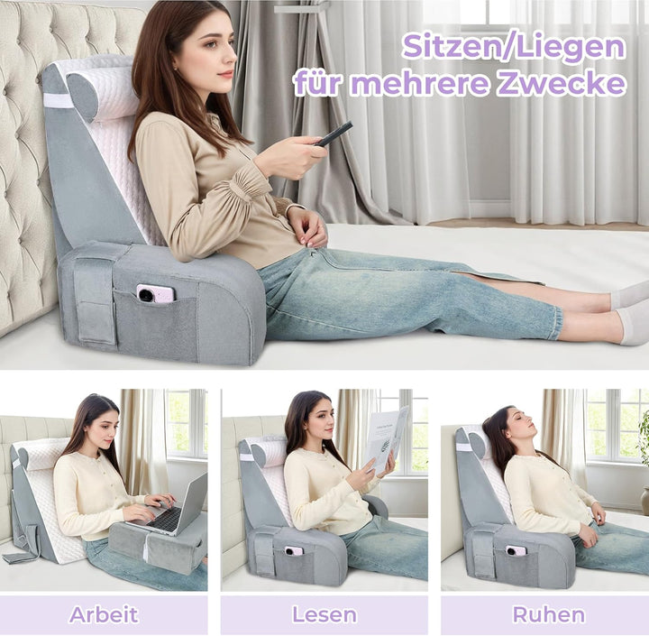 Babenest Gross Lesekissen Bett mit Abnehmbarer Nackenrolle &amp; Armlehne, Ergonomisches Rückenkissen Ko